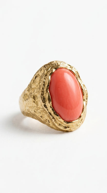 Vintage Coral Cabochon Gold Statement Ring